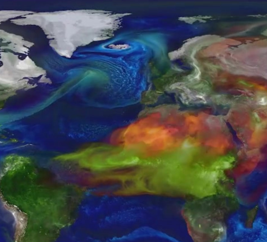 An ariel view of vibrant orange, blue and green planet gases