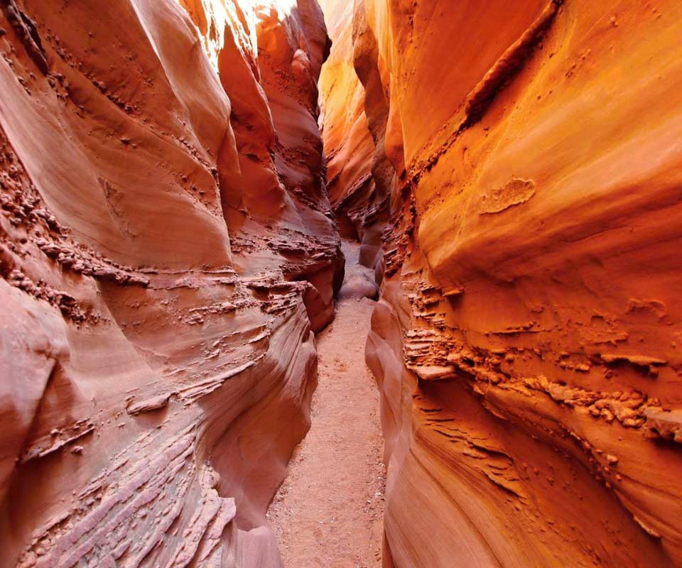 A narrow path between two enormous vibrant orange rocks.