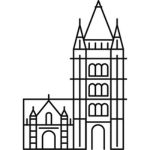 A line drawing of The University of Manchester\'s Whitworth Hall. It is tall and detailed with multiple windows and a pointed roof