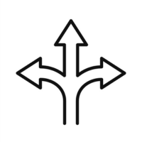 A black outlined icon of three arrows pointing in different directions; left, right, and up, originating from a single point