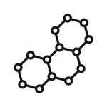 A black and white illustration of a molecular structure consisting of interconnected hexagonal and pentagonal rings