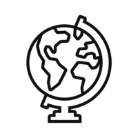 A black outline of a globe sitting on a tilted axis against a white background